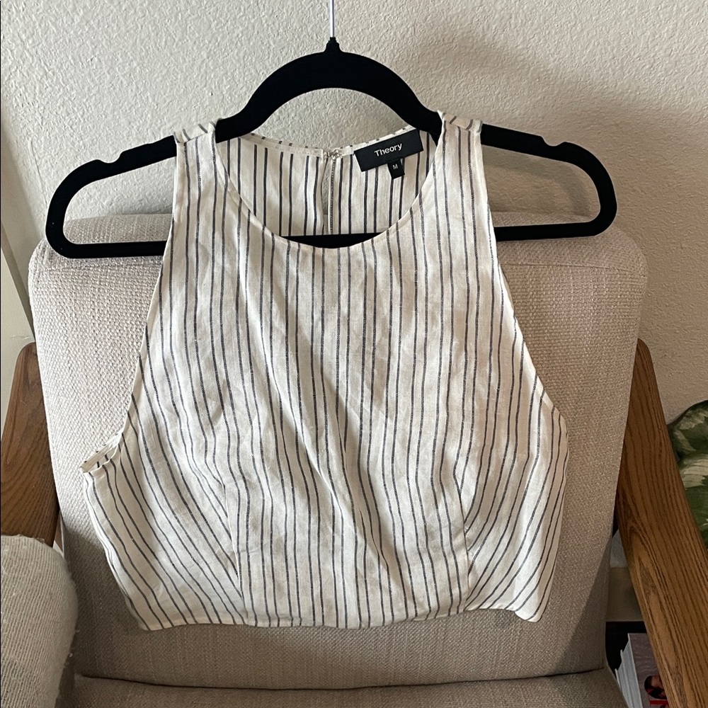 Theory Cream Crop Tank with Navy Vertical Stripes